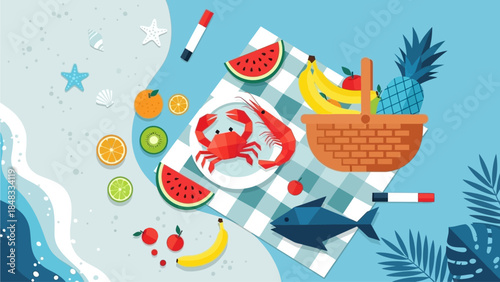 Summer beach picnic with a delightful spread of fresh seafood, tropical fruits, and refreshing snacks on a checkered blanket next to the ocean waves
