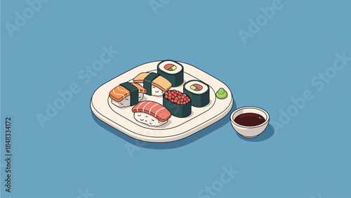 Delicious Assortment of Sushi and Soy Sauce on a Plate