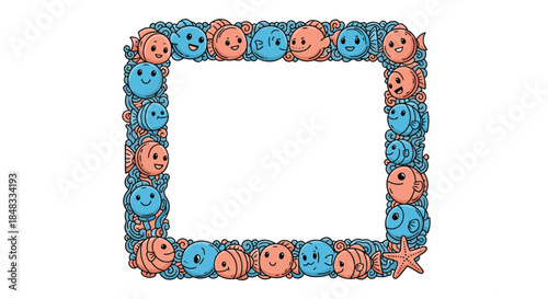 Adorable doodle frame border made of cute cartoon fish and sea waves, providing a fun, aquatic-themed space for text or photos.
