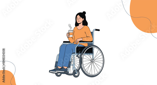 Happy young woman in a wheelchair enjoying a cup of hot coffee, representing disability inclusion, independence, and daily life.