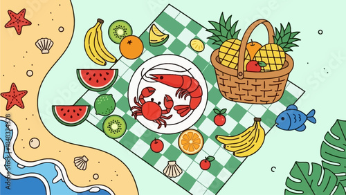 Vibrant Summer Picnic Feast on Sandy Beach with Fresh Fruits and Seafood Delights