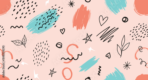 Abstract seamless pattern with hand-drawn doodles, scribbles, brush strokes, hearts, and stars on a soft pink background design.