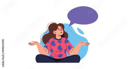 Young woman sitting cross-legged in a meditative pose with a large speech bubble for text, representing communication or ideas.