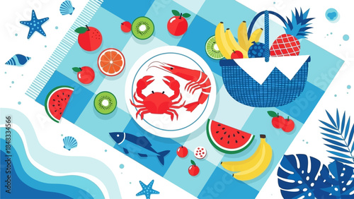Delightful Summer Beach Picnic Feast with Fresh Seafood and Abundant Fruits on a Blue Plaid Blanket, Perfect for a Sunny Getaway