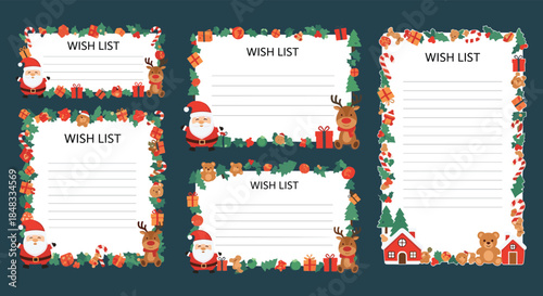 Collection of festive Christmas wish list templates decorated with Santa Claus, reindeer, gifts, and candy canes for holiday planning.