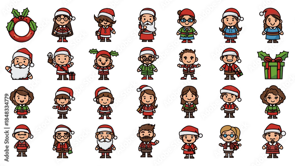 Fototapeta premium Set of diverse cartoon characters in christmas attire