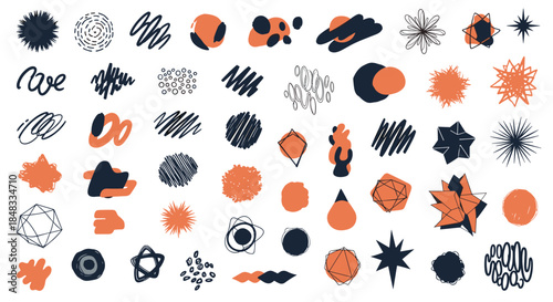Large set of abstract hand-drawn shapes, scribbles, and geometric figures in a trendy, artistic style for modern design projects.