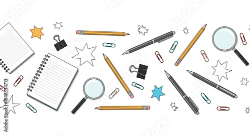Seamless border of scattered office and school supplies, including notepads, pens, pencils, and magnifying glasses for backgrounds.