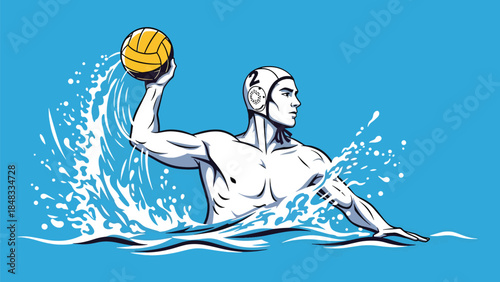 An athletic water polo player holds the ball above the water, ready to make a pass or shoot Vector