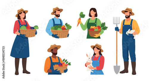 Set of diverse farmers, both male and female, holding baskets of fresh vegetables, a rabbit, and farming tools like a pitchfork.