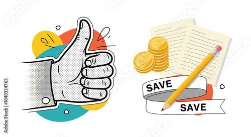 Set of two financial illustrations: a retro-style thumbs up for approval and a pencil with coins and documents for saving money.