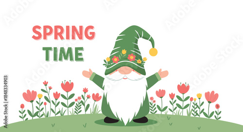 Cute spring gnome with a green hat and a white beard standing in a field of colorful flowers with 'SPRING TIME' text above.