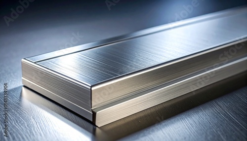 A closeup of a rectangular machined metal bar with a brushed finish featuring sharp edges and reflecting cooltoned light
