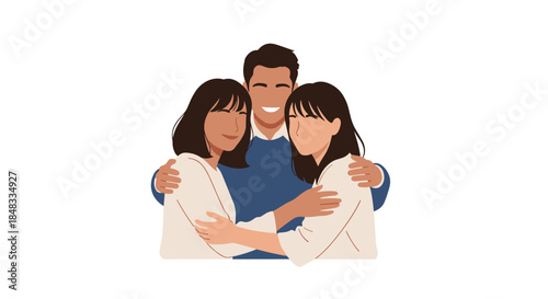 A smiling man tenderly hugging two women in a group hug, illustrating friendship, family love, or a polyamorous relationship.