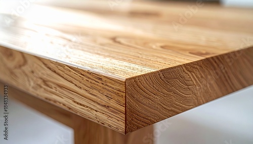 A closeup shot of a polished wooden table corner showing the detailed grain and a glossy finish under bright light