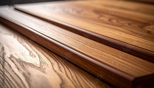 A detailed angled closeup of a finished wood surface showcasing its prominent grain and a molded groove