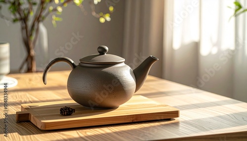 A dark speckled teapot rests on a wooden board on a sunlit table Warm light casts shadows with a blurry vase in the background