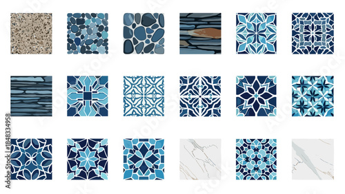 Collection of blue and geometric tile designs