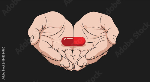 Two cupped hands gently holding a single red and white pill capsule, symbolizing healthcare, medicine, and responsible treatment.