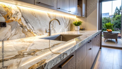 A modern kitchen with gold and grey veined marble countertop and backsplash illuminated by undercabinet LED lights