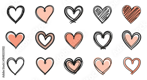 Set of hand-drawn doodle hearts in various scribble and sketch styles, perfect for expressing love on Valentine's Day cards.