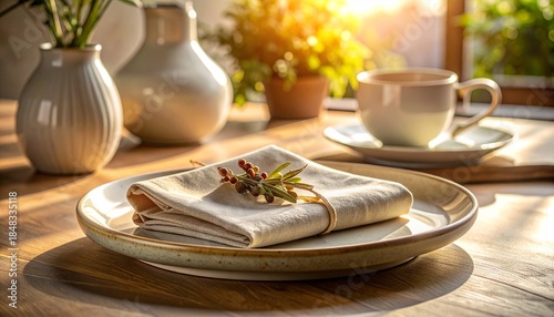 A rustic ceramic plate holds a folded linen napkin with a sprig of berries set on a sunlit wooden table