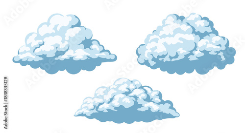 Set of three fluffy, cartoon-style cumulus clouds in shades of blue and white, isolated for use in sky or weather designs.
