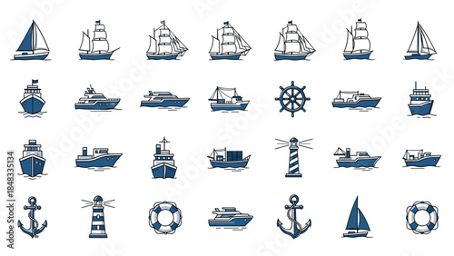 Nautical icons set with ships and anchors