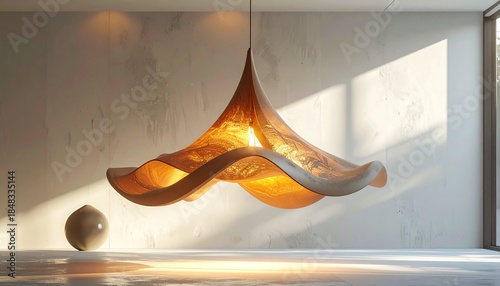 A sculptural pendant light with a wavy glowing amber interior hangs in a sunlit minimalist room with textured white walls