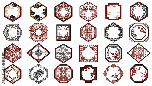 Collection of ornate hexagonal and square frames
