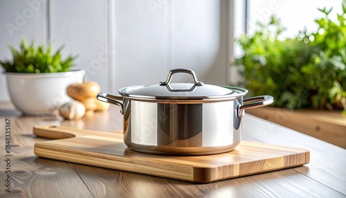 A shiny stainless steel pot with a lid sits on a wooden cutting board in a brightly lit kitchen with fresh herbs in the background