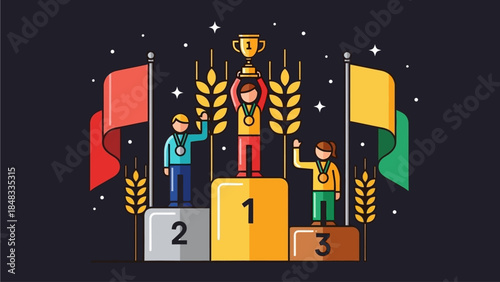 Champions on the Podium Celebrating Victory with a Trophy and Flags Symbolizing Achievement and Success