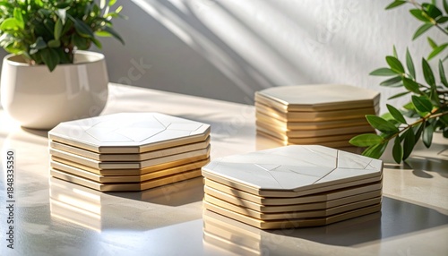 Three stacks of hexagonal coasters with white marblepatterned tops and gold bases rest on a sunlit reflective surface