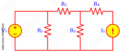 Resistive Network Circuit Diagram with Voltage Source, Current Source and Multiple Resistors – Electrical Engineering Schematic for Nodal Analysis, Superposition Theorem and Education
