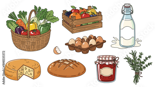 Assorted food items including fruits and dairy products