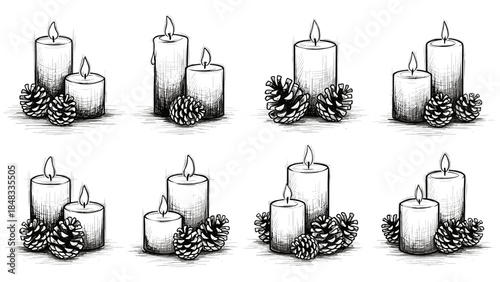 Collection of candles with wreaths in black and illustration