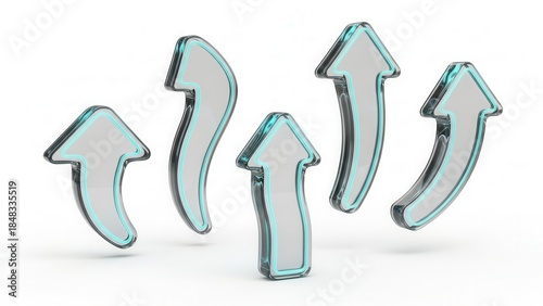 Upward-pointing translucent pointers with a curved, flowing shape and a soft, glowing cyan edge, a 3D glassmorphism arrow icon set isolated on white