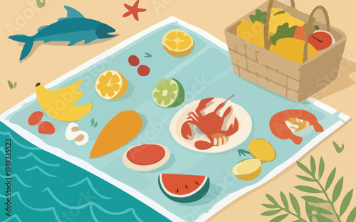 Colorful Beachside Spread Featuring Delicious Seafood, Fresh Fruits, and a Charming Picnic Basket under the Summer Sun