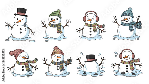 Eight cartoon snowmen with different hats and scarves