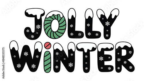 Jolly Winter Typography: A whimsical typography spells out Jolly Winter, adorned with festive elements such as snowflakes, snow-capped letters, and wintery colors.