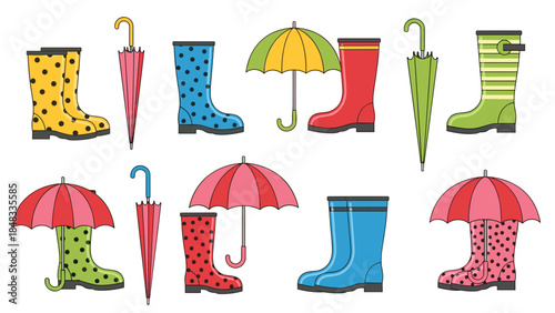 Colorful rain boots and umbrellas