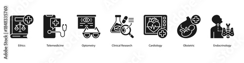 Modern Medical Practice web banner illustration featuring Ethics, Telemedicine, Optometry, Clinical Research, Cardiology, Obstetric, and Endocrinology.
