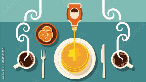 Delicious breakfast illustration featuring a stack of golden pancakes with sweet syrup, fresh orange slices, and two steaming cups of coffee, perfect for a cozy morning meal