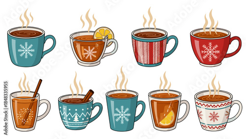 Assorted mugs with hot beverages
