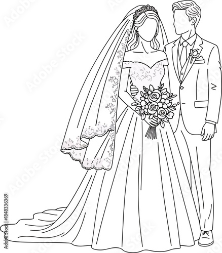Elegant faceless line art drawing of a bride and groom for a wedding invitation design Vector