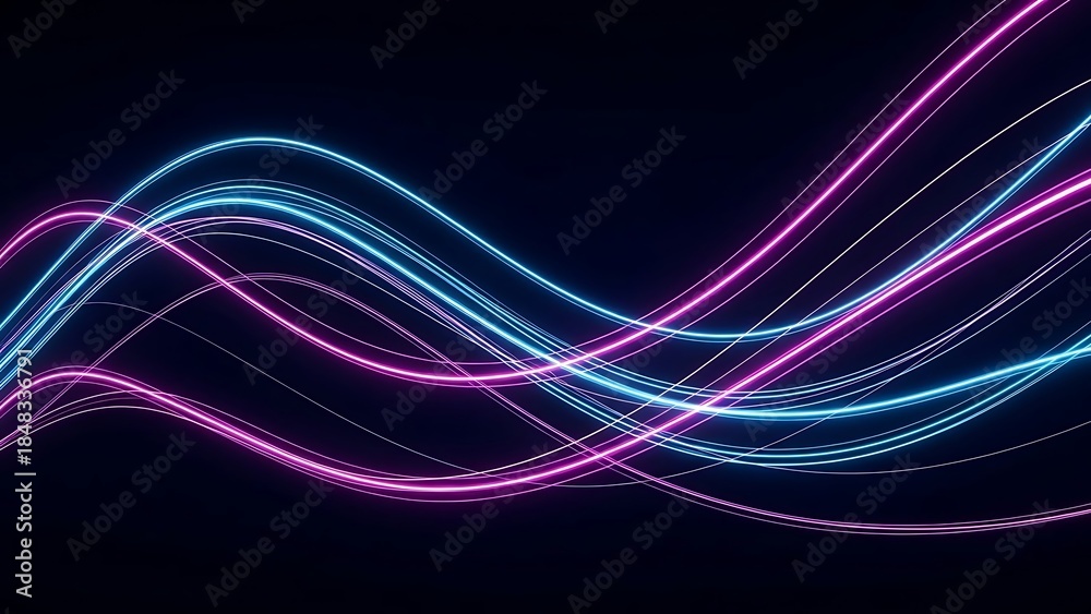 Fototapeta premium Luminous neon pink and blue light trails curve across a dark background in a fluid, wavy motion. The glowing streaks create a sense of speed, energy, and digital connectivity.