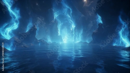 Alien lagoon with sparkling blue fire footage