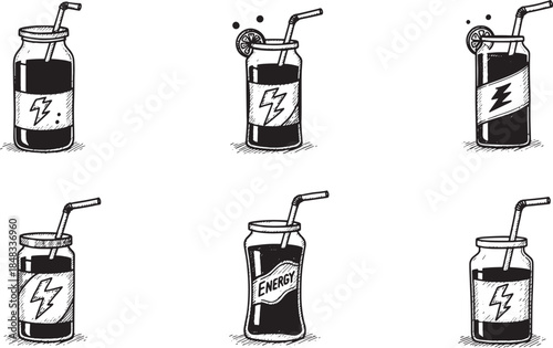 A set of six unique hand drawn illustrations of energy drinks in jars and cans Vector