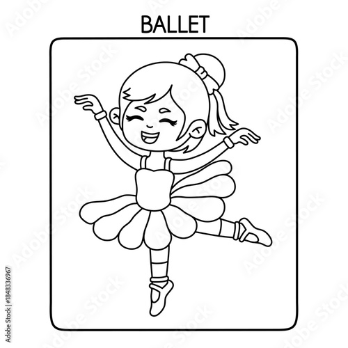 girl dancing ballet in tutu dress,cute little ballet dancer cartoon illustration for kids coloring book