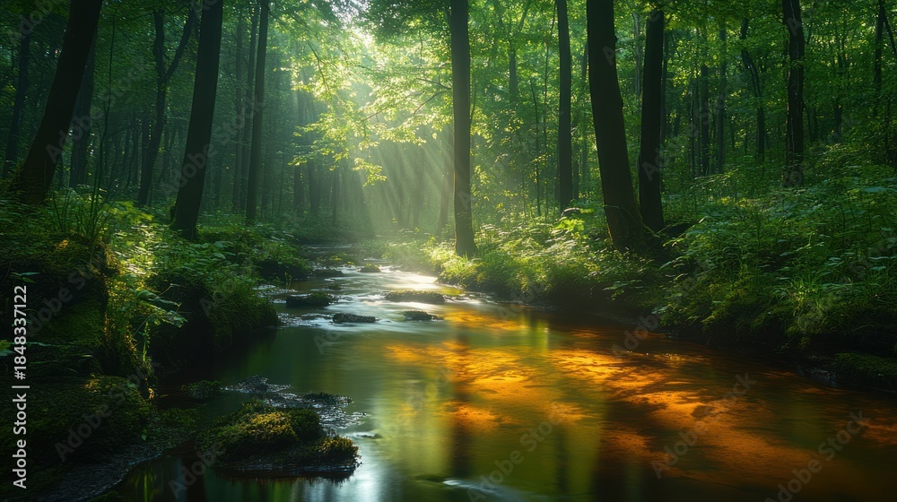 Obraz premium Sunbeams Through Forest Canopy Over Flowing Stream